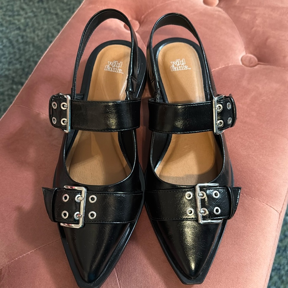 Black buckle sling back shoes